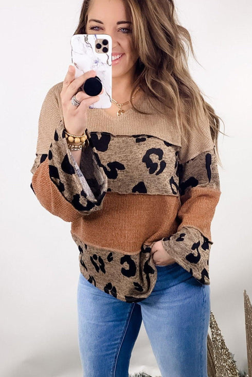 Colorblock Patchwork V-Neck Loose Sleeve Knit Top